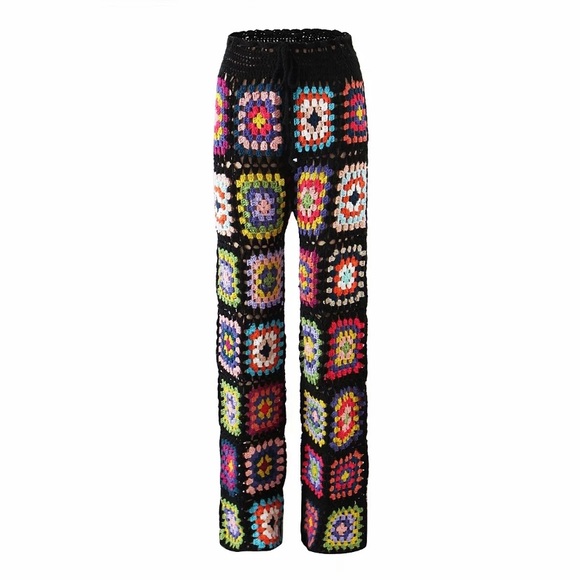 Handmade Colorful Bohemian Multi Color Knit Sweater Black Women's Casual Pants - Picture 4 of 10